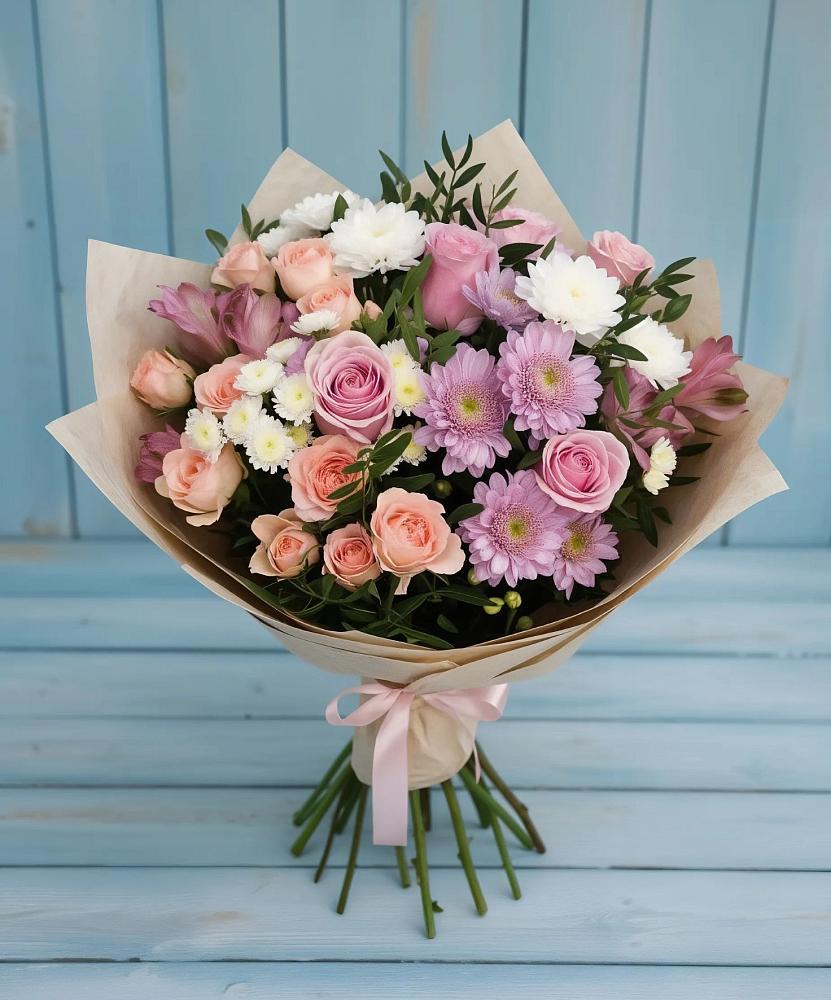 Букет цветов из: Хризантемы, Розы и Альстромерии в Ямном