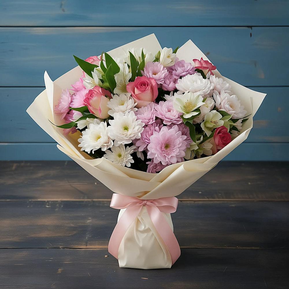 Букет цветов из: Хризантемы, Альстромерии и Розы в Ямном